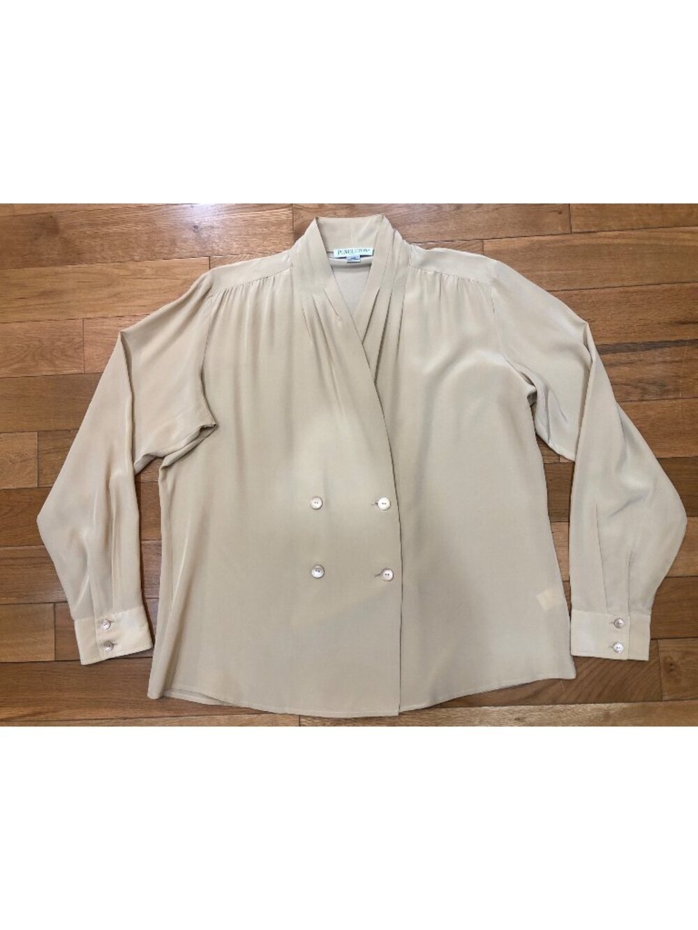 Pendleton 100% Silk Double Breasted Long Sleeve Beige Blouse Size 14W